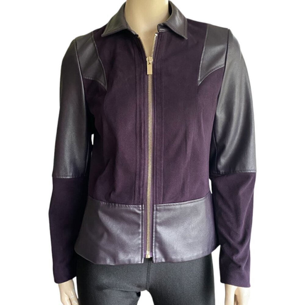 Conrad C Mixed Media Deep Plum Zip Up Faux Leather Jacket 10​